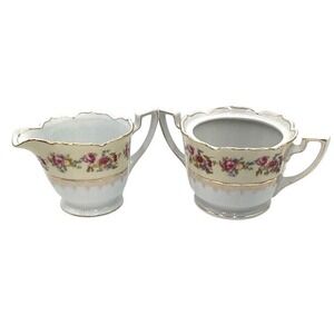 Vintage Gold Castle Hostess Floral Rose Creamer and Open Sugar Bowl Set Japan‎